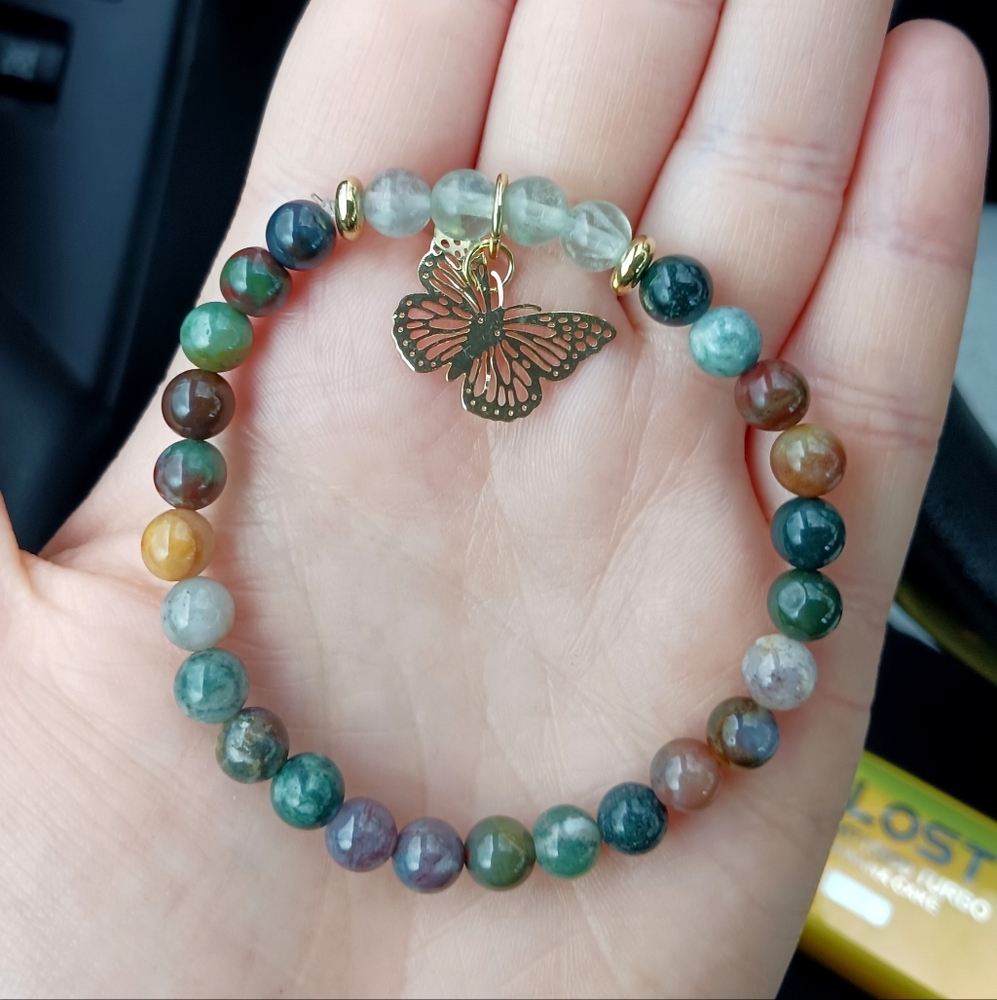 Indian agate fluorite 6mm gold butterfly charm stretch bracelet